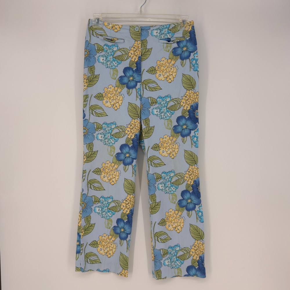 Talbots Floral Pants Womens‎ 10P Blue Yellow Straight Stretch Retro Cottagecore